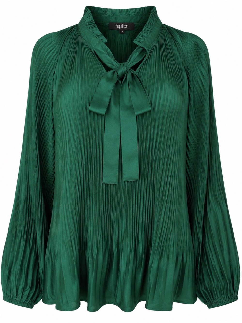 NWT Papillon Emerald Green Pleated Tie Neck Blouse XS Extra Small